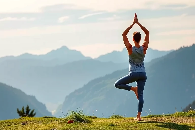 Person praktiziert Yoga in einer ruhigen Schweizer Landschaft
